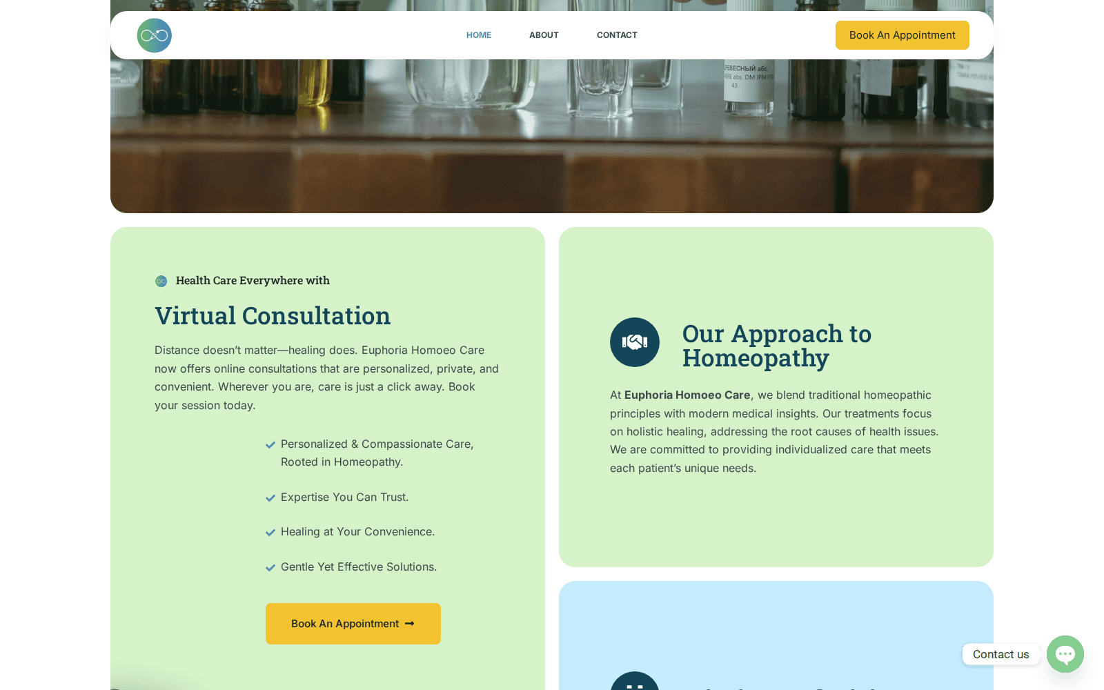 The homepage's card layout, working within the brand's two similar colors