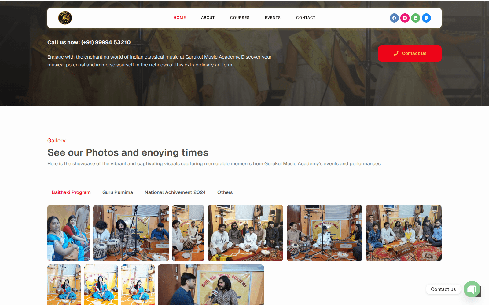 The categorized event gallery — Baithaki Program, Guru Purnima, National Achievement, and more, each its own filtered grid