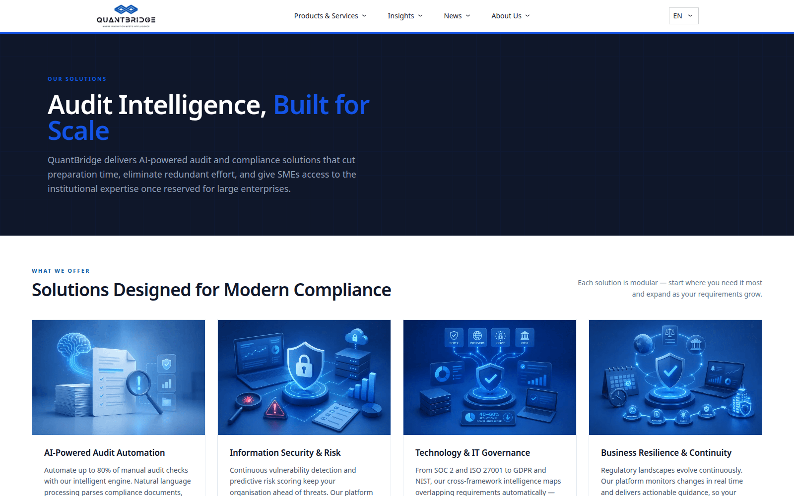 Solutions page — four illustrated feature offerings