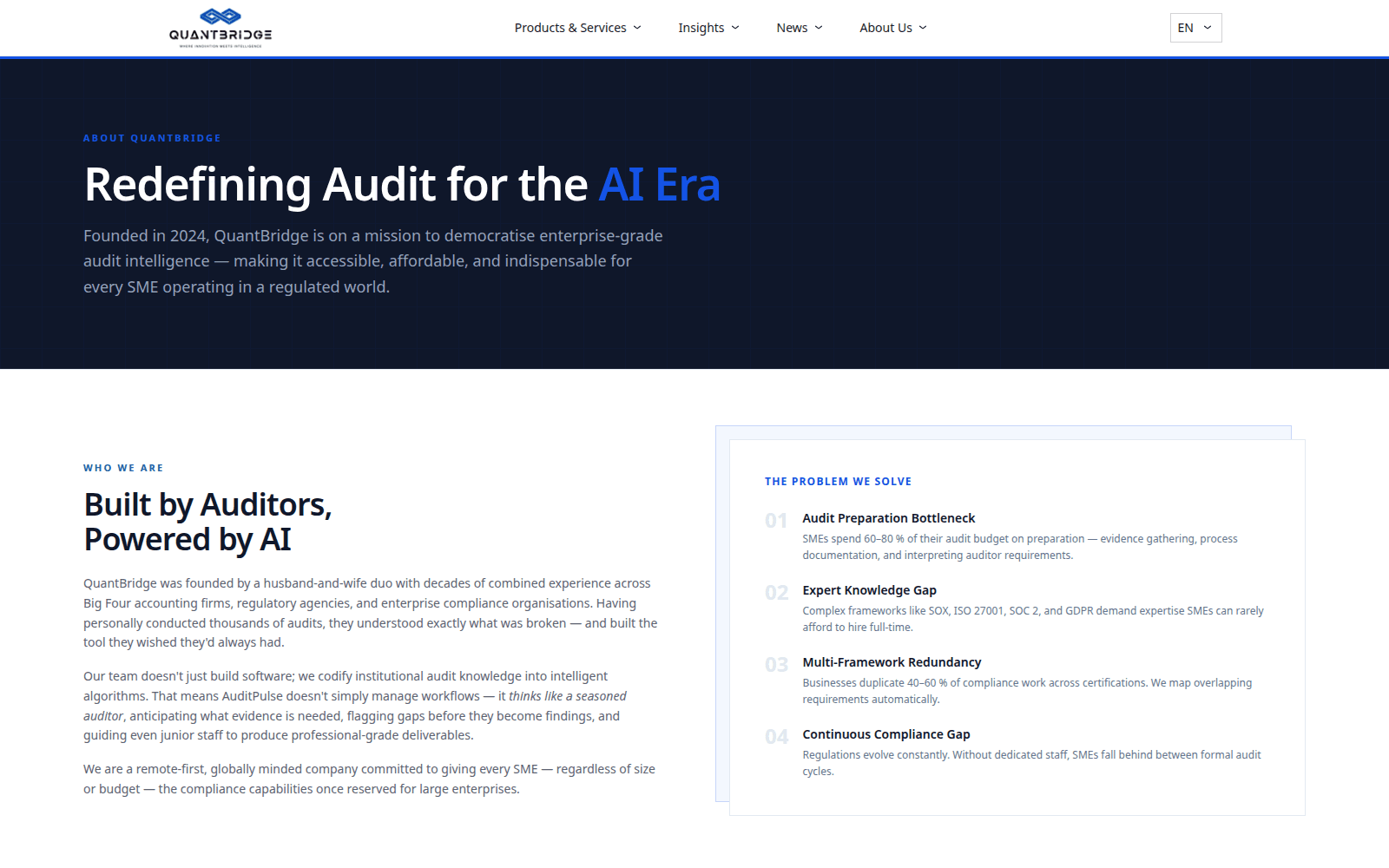 The Company page — founding story and "the problem we solve"